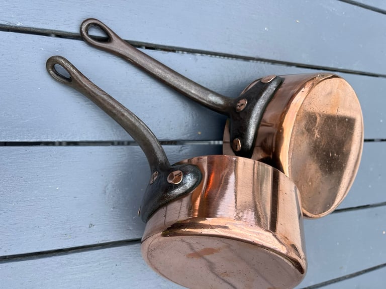Vintage Copper Sauce Pans and measuring cups 