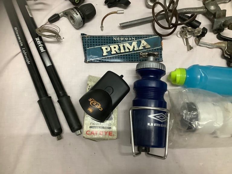 JOB LOT of Bicycle Parts. Handlebars, pumps, brakes, gear shifters and more.