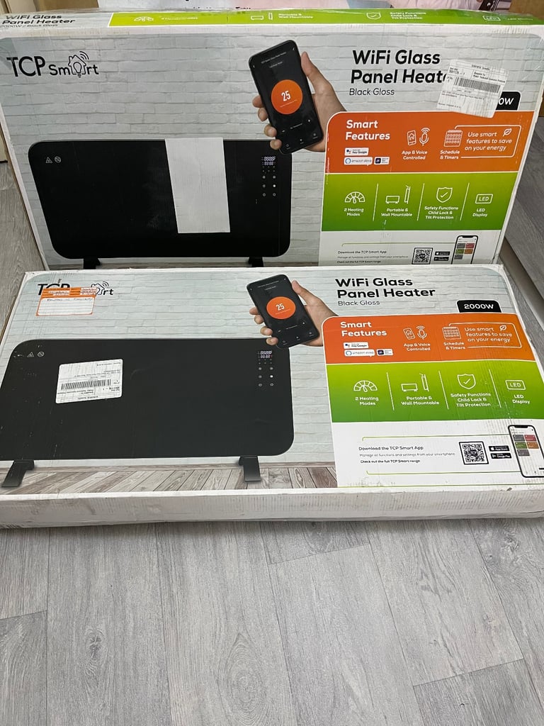 TCP Smart Glass Panel Heater 2000w Black with App, WiFi, 2 Heat Modes, Voice Control works 