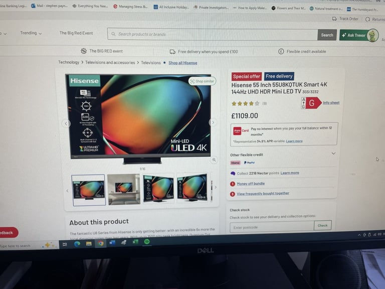 Hisense 55 Inch 55U8KQTUK Smart 4K TV (55inch) £400
