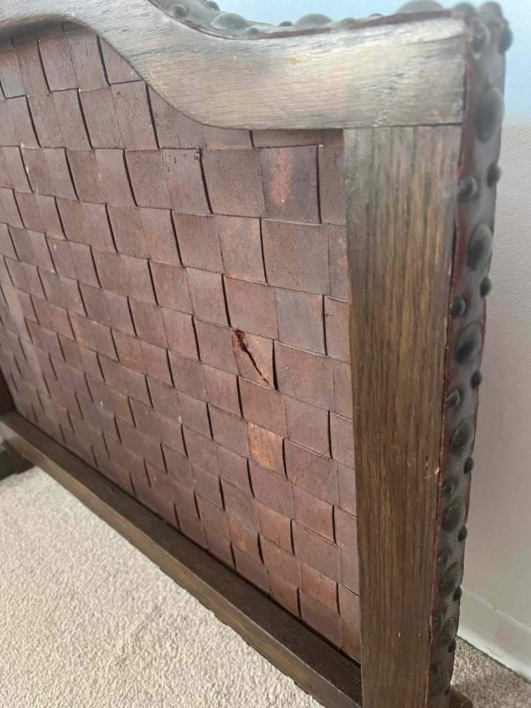 Arts and Crafts Oak and Woven Studded Leather Fire Screen. 