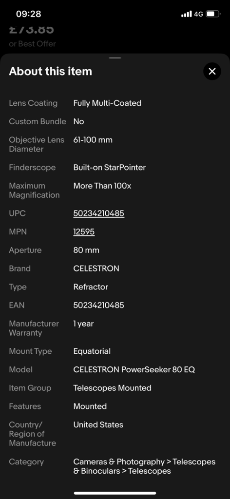 Celestron PowerSeeker 80 EQ Refractor Telescope 80/900mm