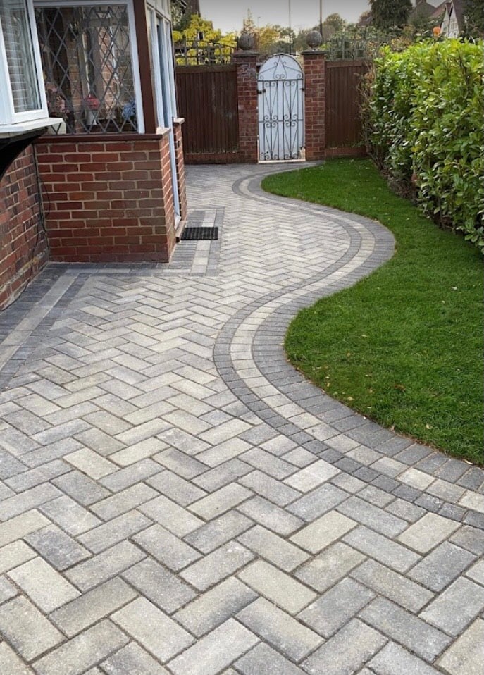 Block paving Indian stone flags tarmac turf fence 