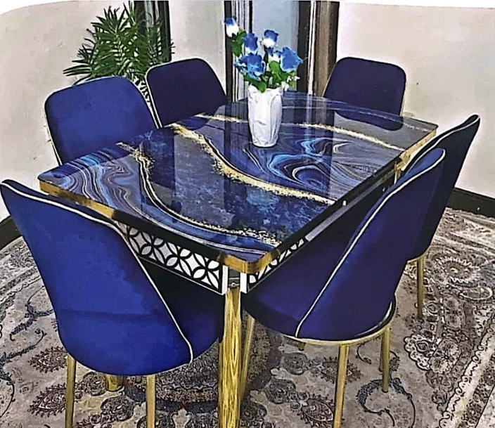 Glass Top Marble-Effect Dining Table Set with Velvet Chairs – Same Day Delivery