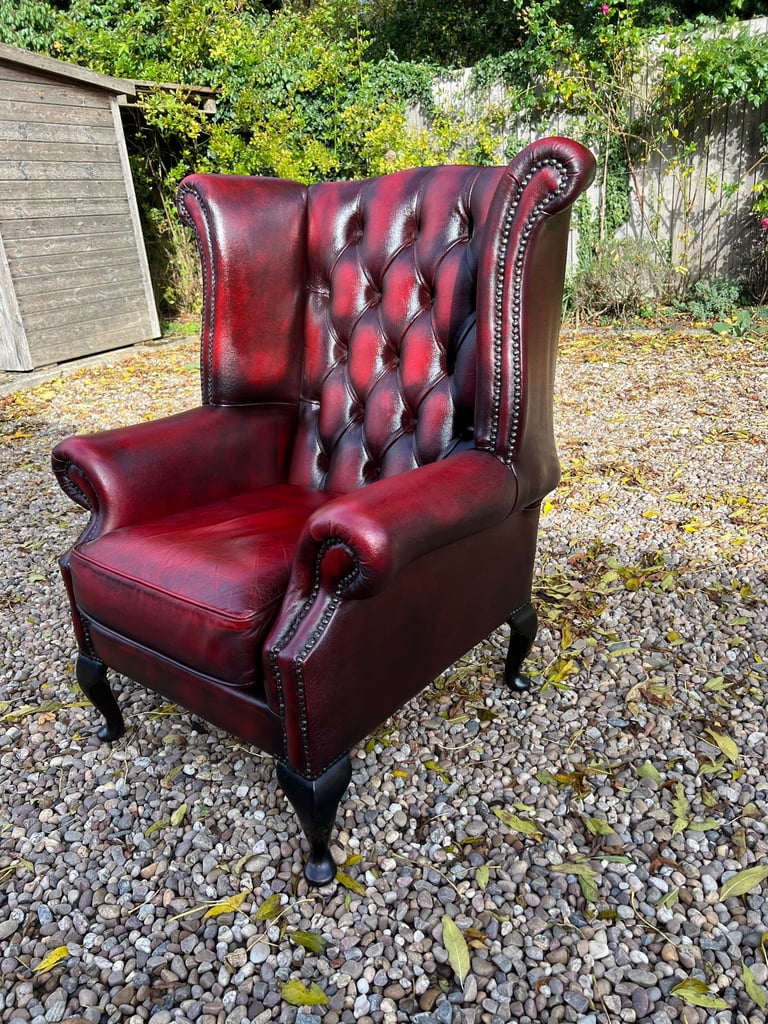 Beautiful Chesterfield Oxblood Leather Queen Anne Chair