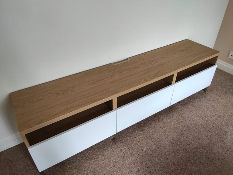 image for IKEA BESTÅ TV bench, oak effect/Selsviken high-gloss/white, 180x42x39 cm