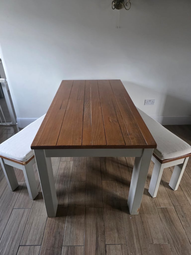 image for Wooden dinning table, 2 x benches with Seat cushions 
