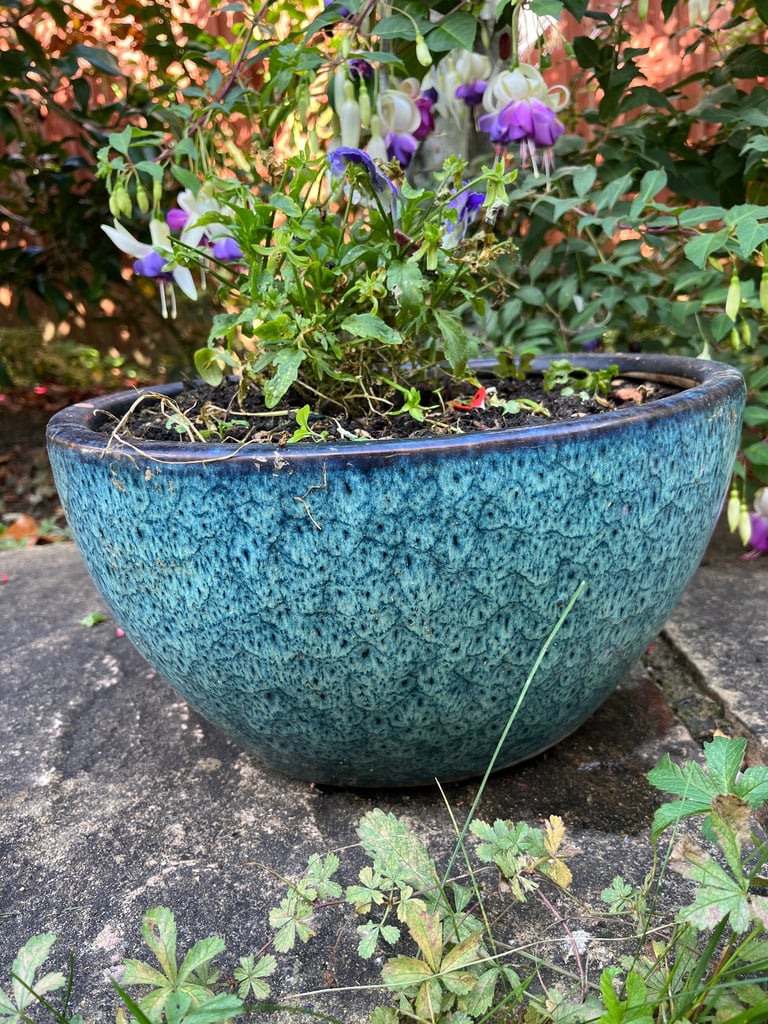 Speckled Blue Oval Ceramic Planter - 35cm | Indoor Outdoor Garden Pot