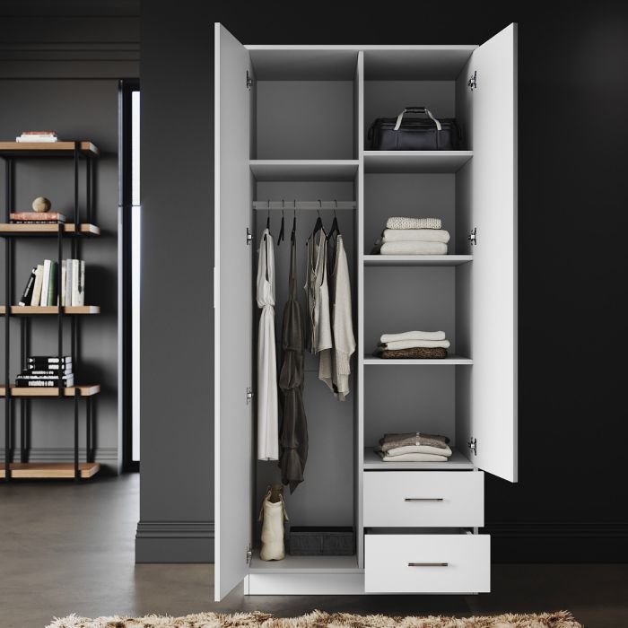 New 2 Drawers 2 Doors White Free- Standing Wardrobe With Large Hanging Space RRP £225 Our Price £185