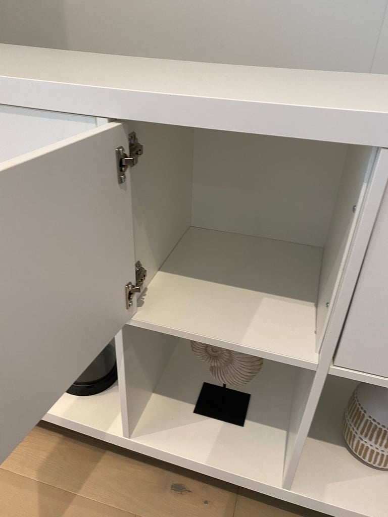 IKEA KALLAX white shelving storage unit with x4 door inserts and legs ...