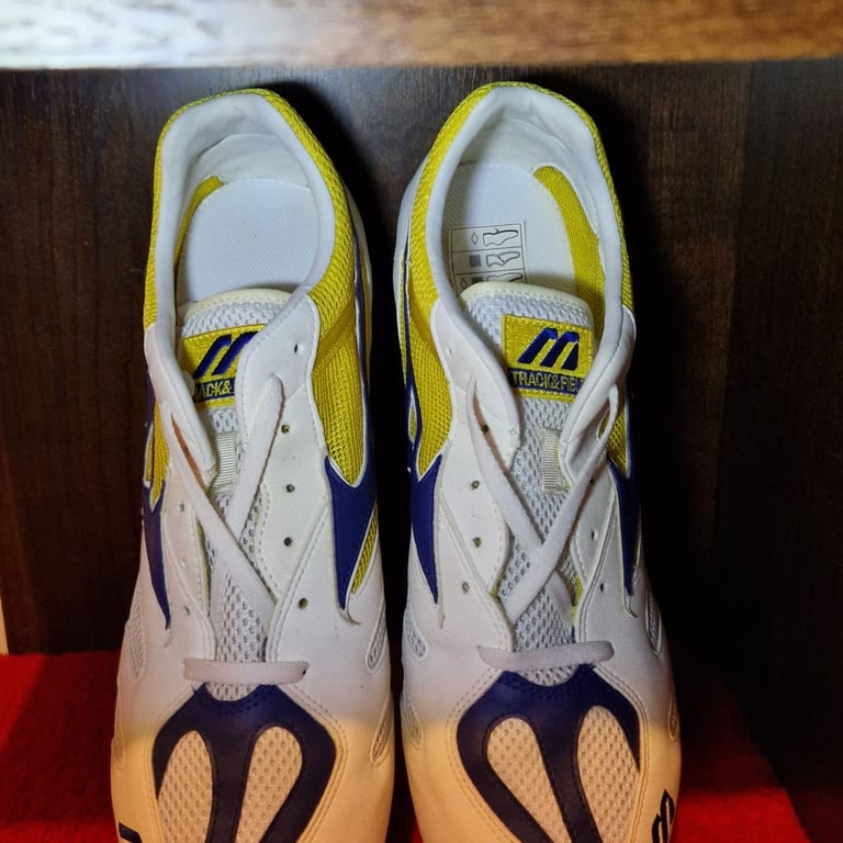 Mizuno Athens Track & Field Spikes – White/Blue/Yellow – Men’s UK 12 – Original Box