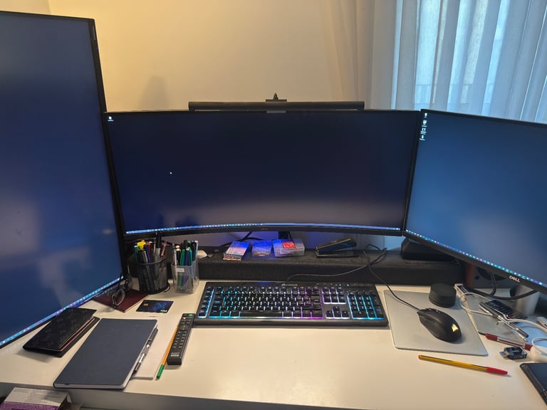 image for Dell 34 inch, 27 inch, Samsung 32 inch monitor and Sony sound bar 