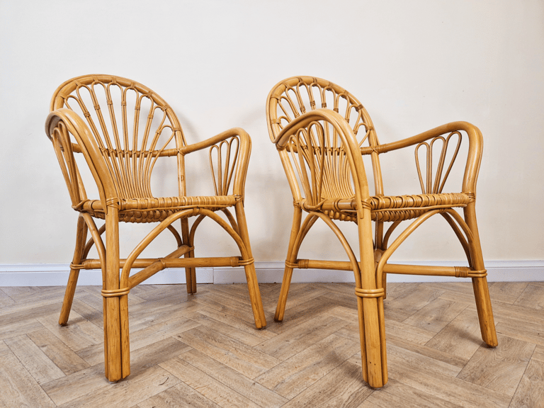 image for Vintage Bamboo Wicker Cane Mid Century Set of 2 Lounge Chairs BL118 
