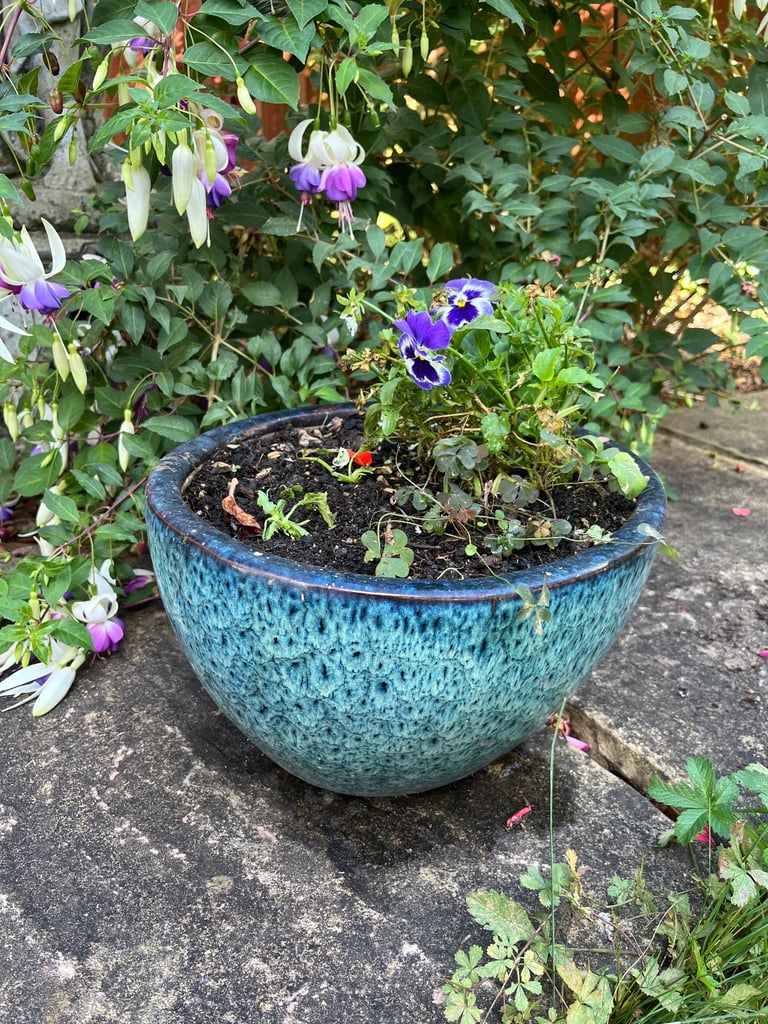Speckled Blue Oval Ceramic Planter - 35cm | Indoor Outdoor Garden Pot