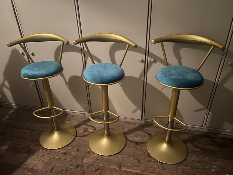 3 x Nordic Gold Metal Bar Stool - Chair - Designer Lift Swivel