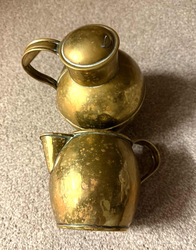 image for Vintage Brass Guernsey Jersey Jugs Pitcher Dented Antiques