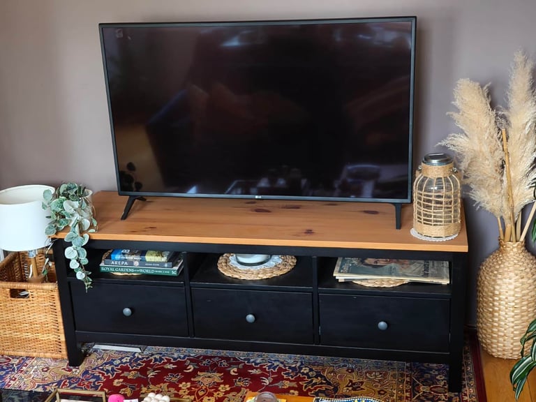 TV bench, black-brown/light brown, Ikea HEMNES