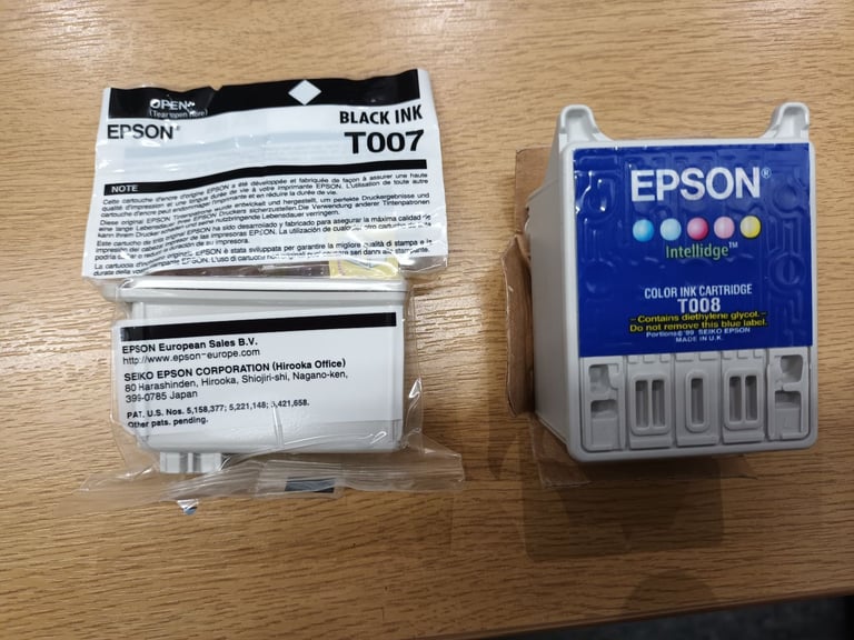 1 set Genuine Epson T007 Black + T008 Colour Ink Cartridges. New and unboxed.