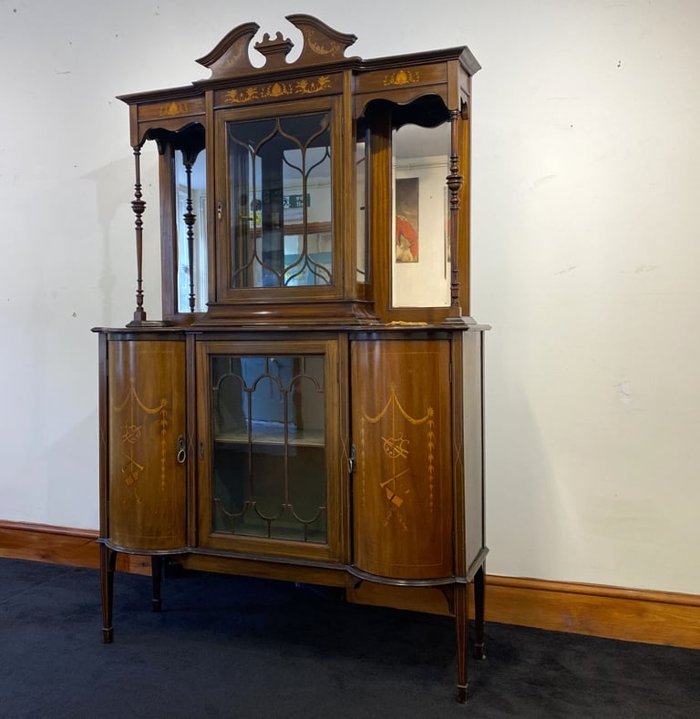 Fine Edwardian Mahogany & Satinwood Marquetry Glazed Sideboard Display Cabinet