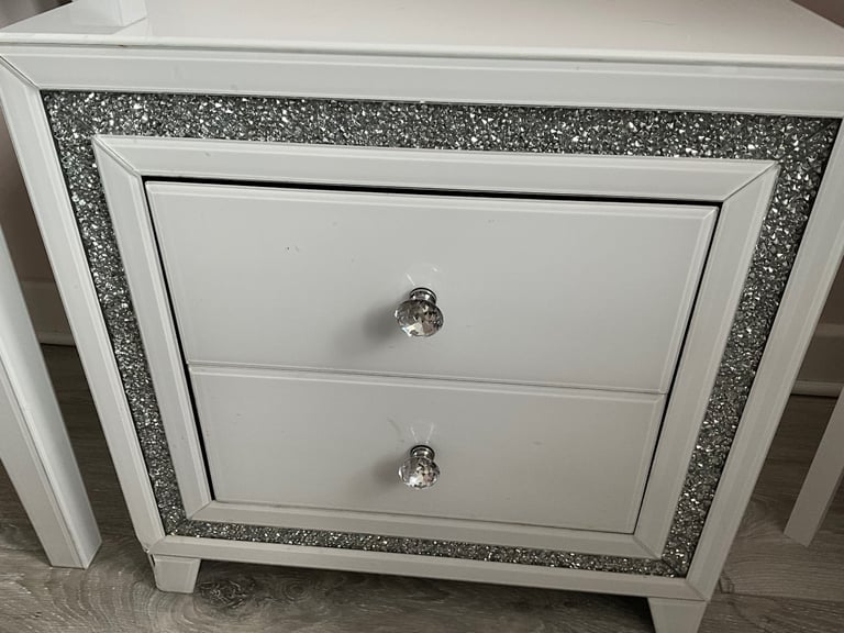 Dressing table and Bedside table with diamanté inlay white gloss