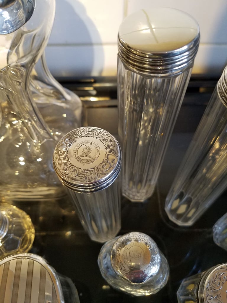 Antique Vanity Jars With Sterling Silver Lids.