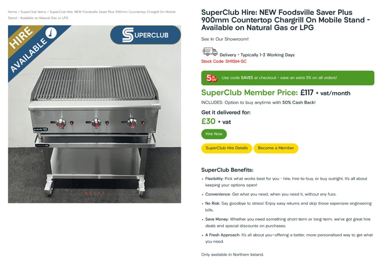 SuperClub Hire: NEW Foodsville Saver Plus 900mm Countertop Chargrill On Mobile Stand 