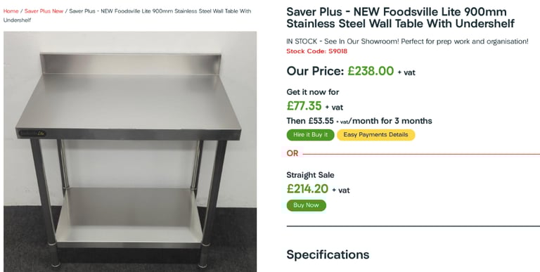 NEW Foodsville Lite 900mm Stainless Steel Wall Table - WITH 3 MONTH PAY PLAN OR 10% OFF! 