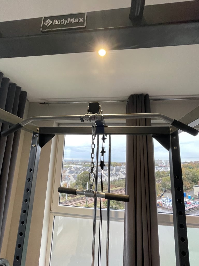 Bodymax full rack, attachments, 215kg cast weight plates and tree, 7ft 20kg barbell, bench, dumbells