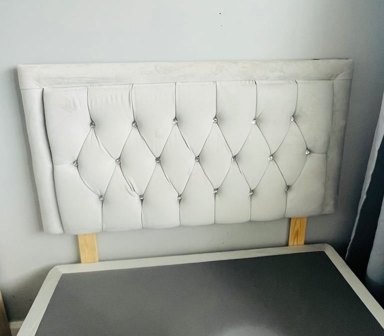 Small double grey velvet bed base with head board 