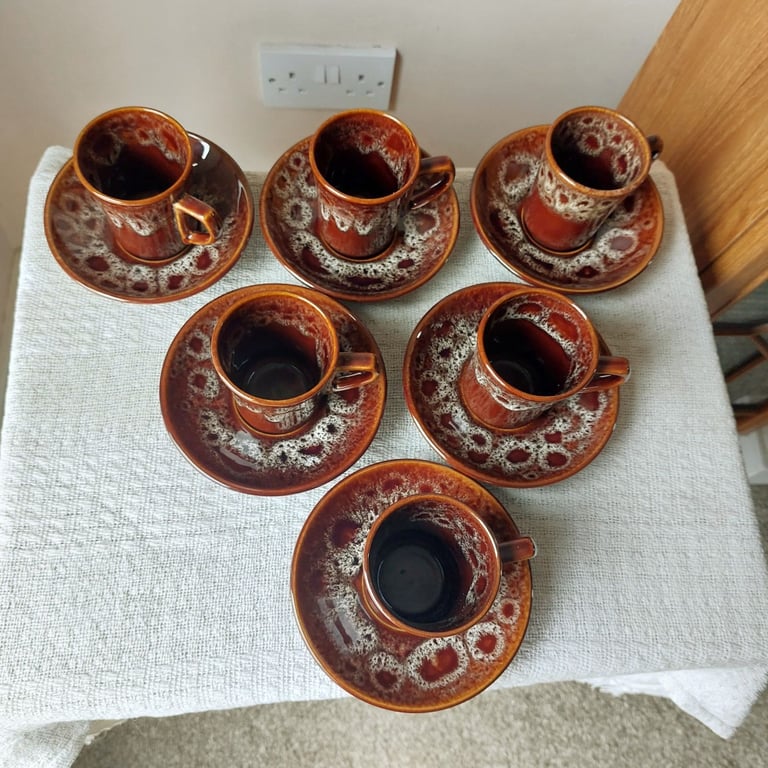 Six Vintage Cornwall Kernewek Pottery Cups And Saucers 