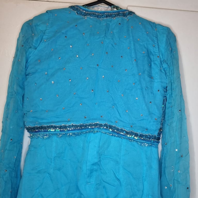 New.Light blue churidar kameez, jacket, scarf sequin embroidered wedding party asia. Asian dress