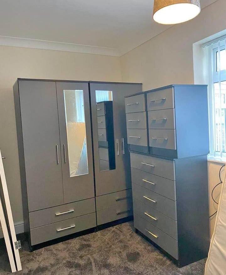 Modern Bedroom Furniture. Bedroom Suit Includes Bedside Tables, Chest of Drawers and Wardrobes