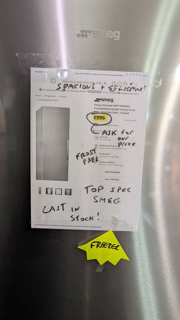 SMEG SILVER FROST FREE 186CM FREEZER-HUGE 280L CAPACITY-REVERSIBLE DOOR-WOW-TOP SPEC-EX DISPLAY