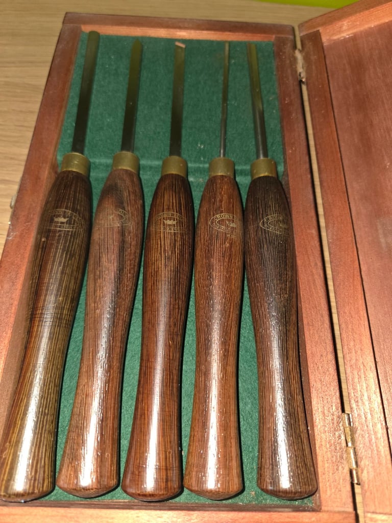 Set of five Crown micro mini woodturning chisels in wooden display box Axminster lathe wood turning