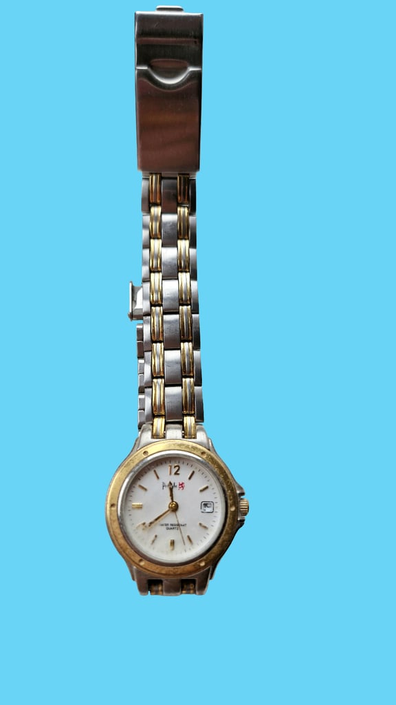 Pringle Quartz Calendar Watch, Brushed Silver+Gold Finish, Gold Numerals, vgc