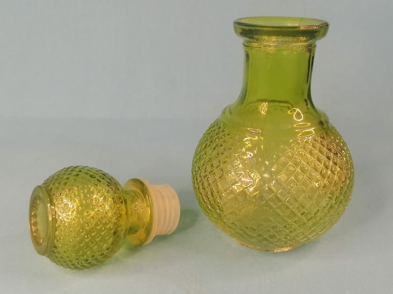 Vintage Green Glass Genie Bottle, Decanter – Ball Stopper. (bit chip,you can see photo. As seen.