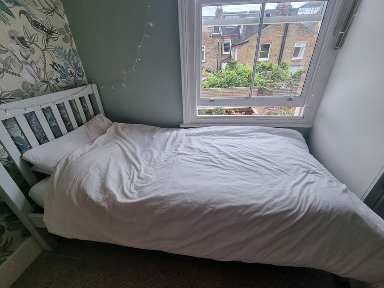 image for Single bed for sale - white wood frame and ikea mattress