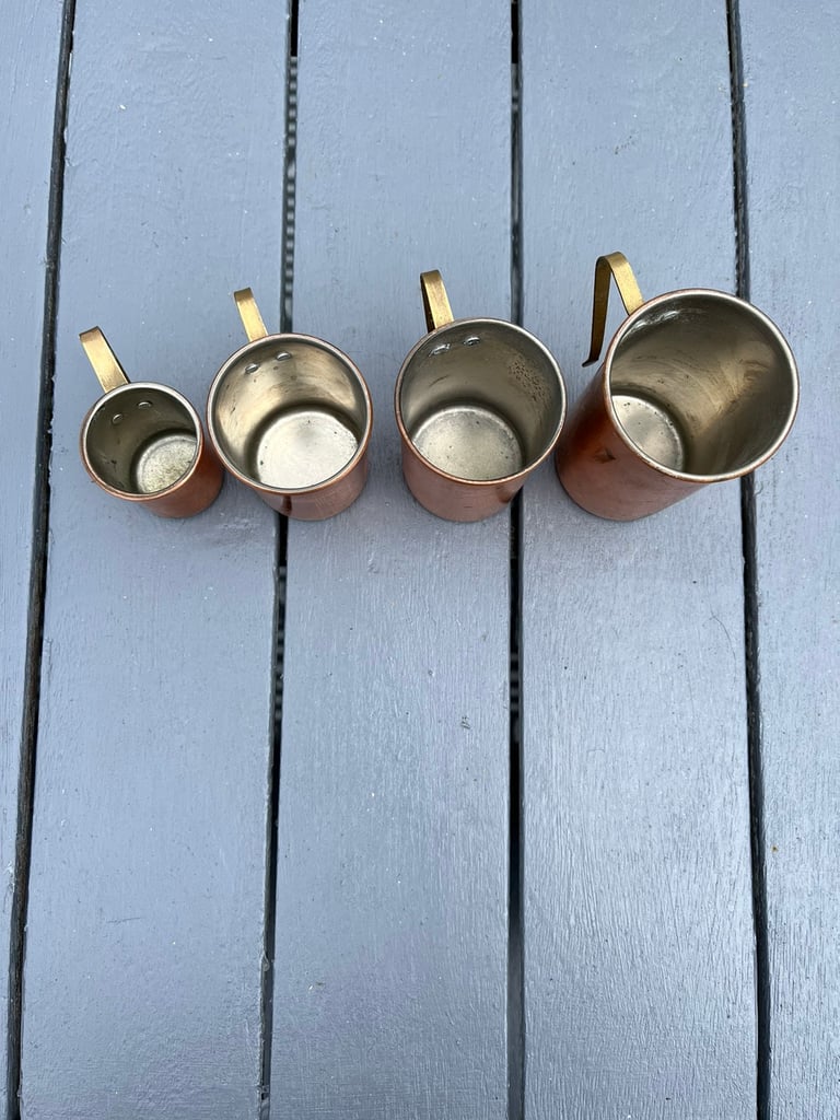 Vintage Copper Sauce Pans and measuring cups 