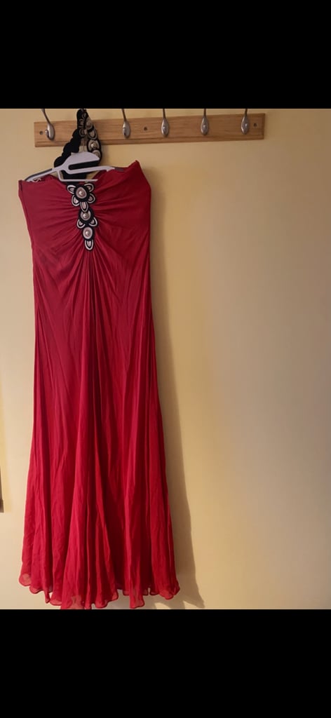 Elegant red colour 100% Silk long dress size 12 UK for about height 5Ft 9-10inches tall lady