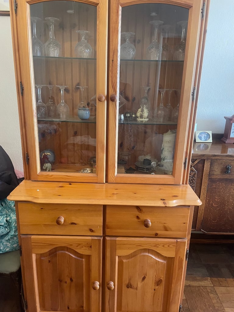 solid pine vintage 2 drawer and door dresser with a glass display unit with lights
