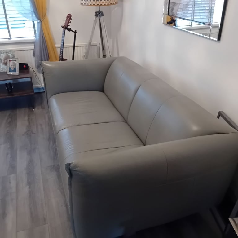 Grey leather 3 seater sofa 