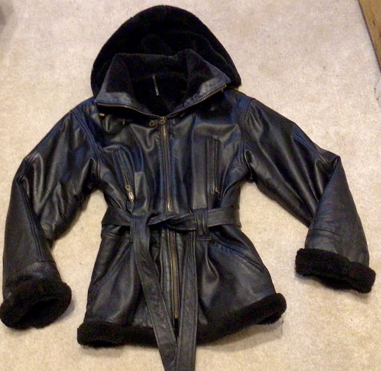 image for Black leather Ladies coat with hood