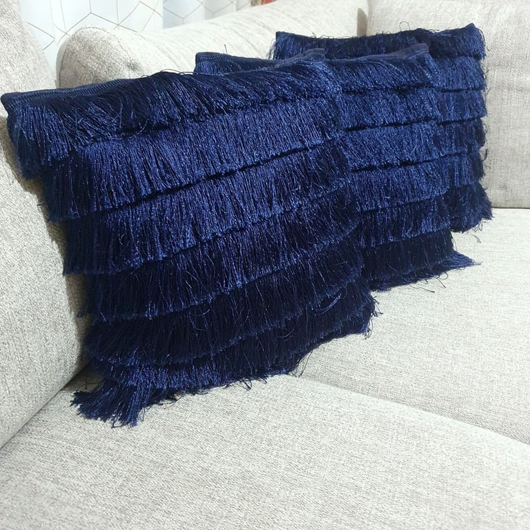 image for 3x Navy Blue Tassle Square Cushions