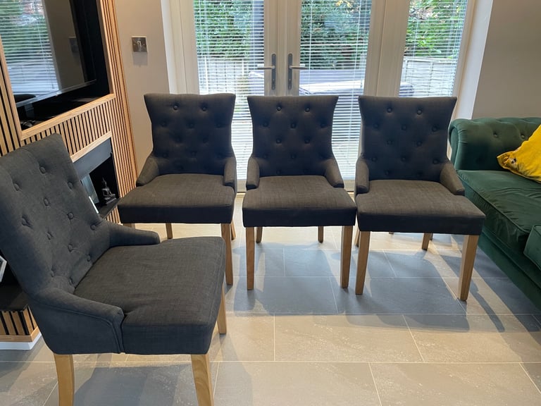 image for 4 Grey fabric button back dining chairs with oak legs 
