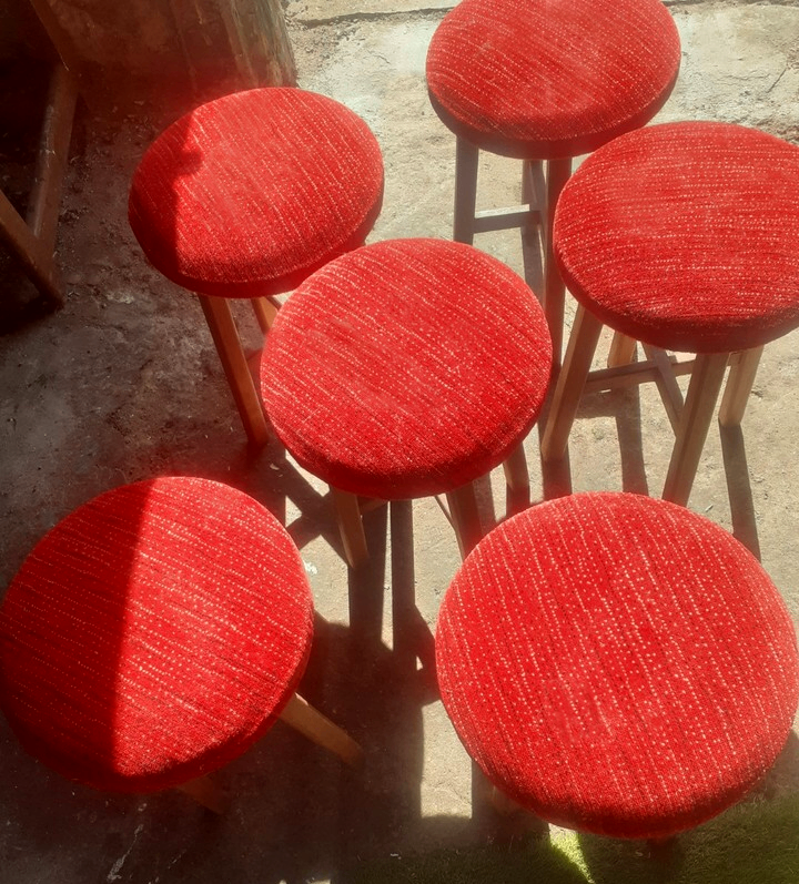 SIX VINTAGE 1960s SHORT RED WOODEN PUB STOOLS: MICROPUB, HOME BAR, MAN OR WOMAN CAVE