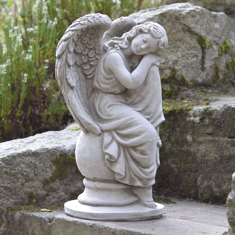 Sleeping Angel Memorial Statue on Column, Stone Garden Statue Ornament and Garden Sculpture