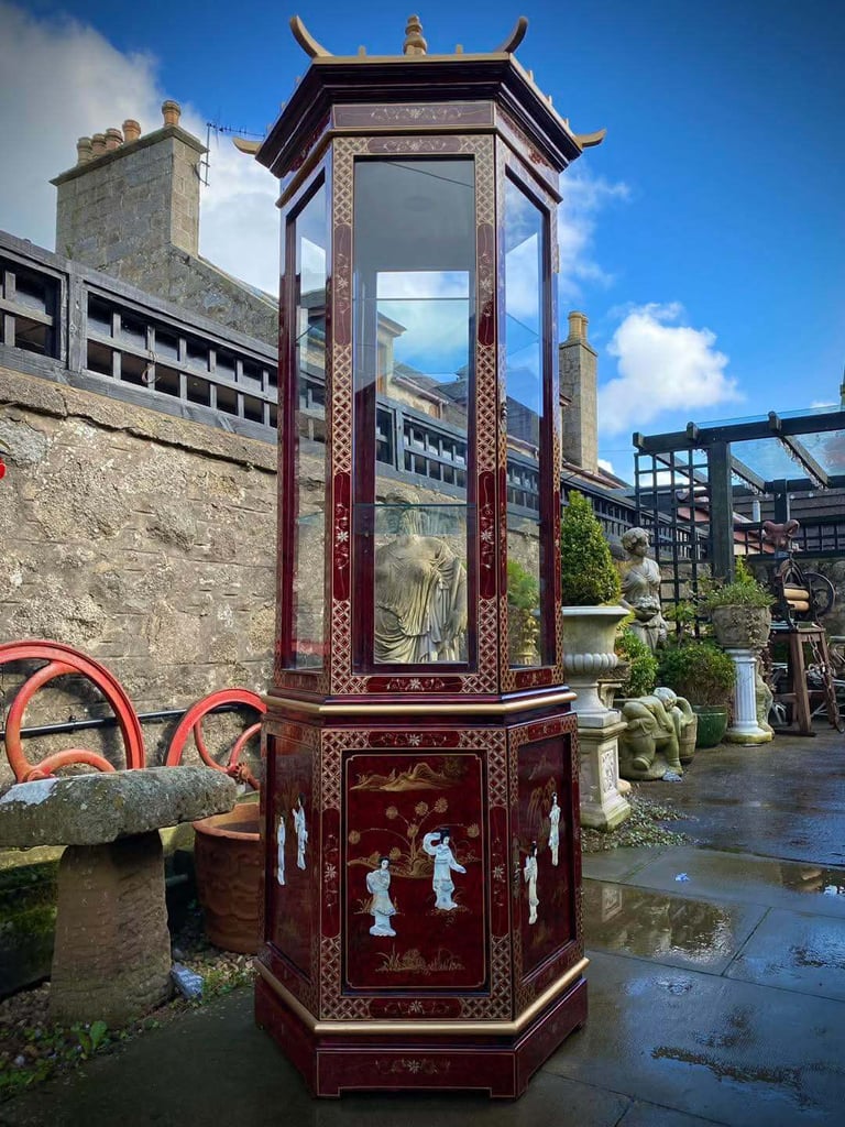 Tall (7ft) Chinese Oriental Style Red Lacquered Hexagonal Glazed Pagoda Display Cabinet