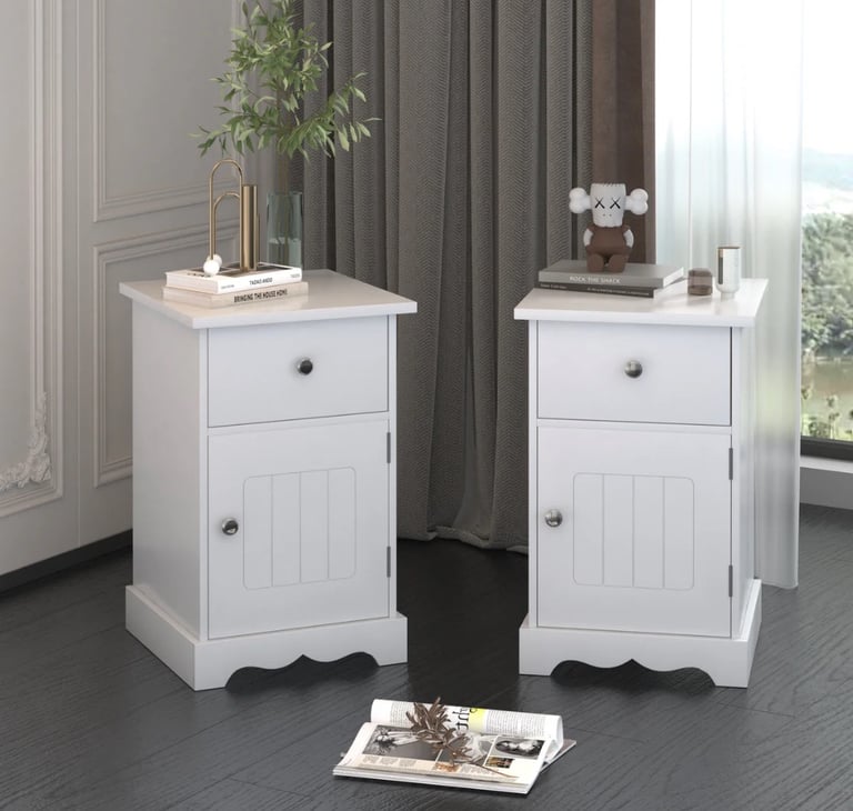 White 1 Drawer and 1 Door Bedside Tables Nightstand X 2