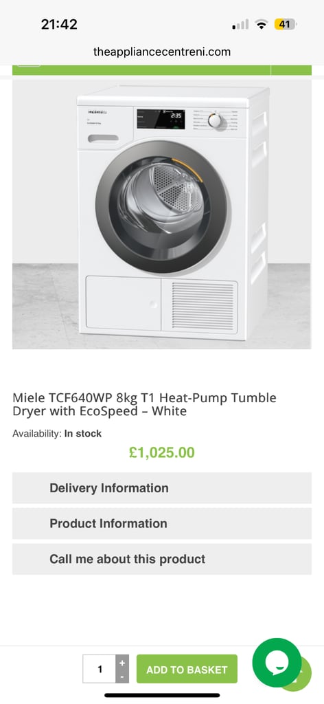 Miele TCF640WP 8kg T1 Heat-Pump Tumble Dryer with EcoSpeed – White