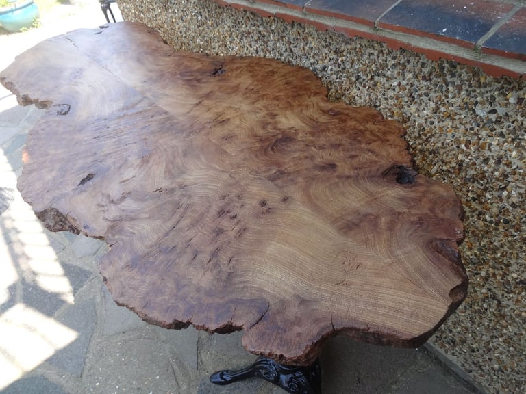 LIVE EDGE TABLE ~ SLAB OF BURR WALNUT ON A DOUBLE TRIPOD BASE ~ 